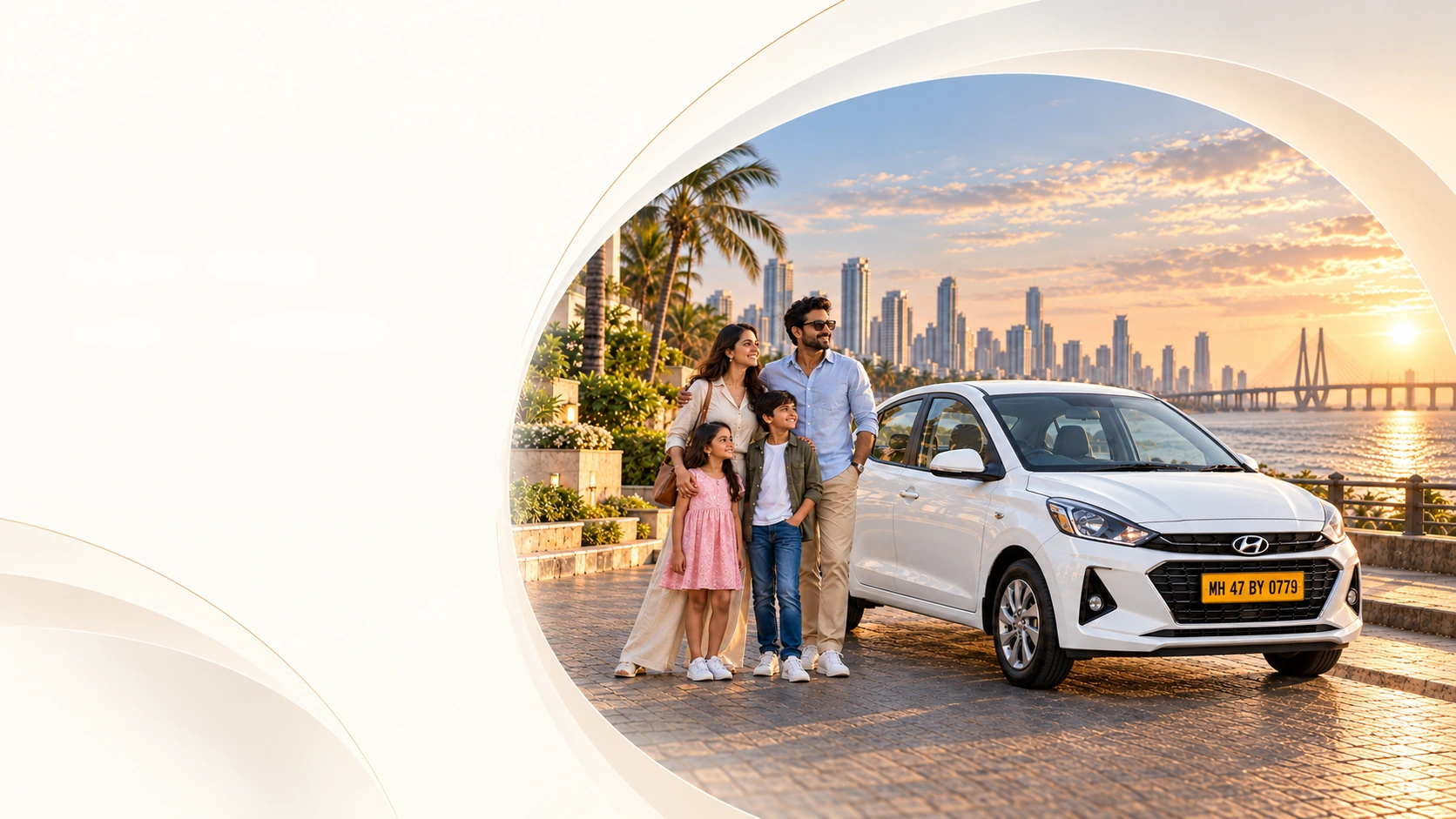 A family beside a white Hyundai Aura, plate MH 47 BY 0779, with the Mumbai skyline and Sea Link at sunset