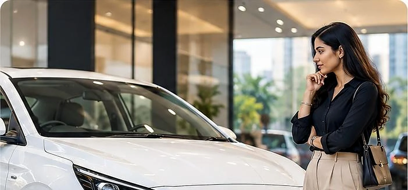 Prospective buyer considering a white sedan in a showroom