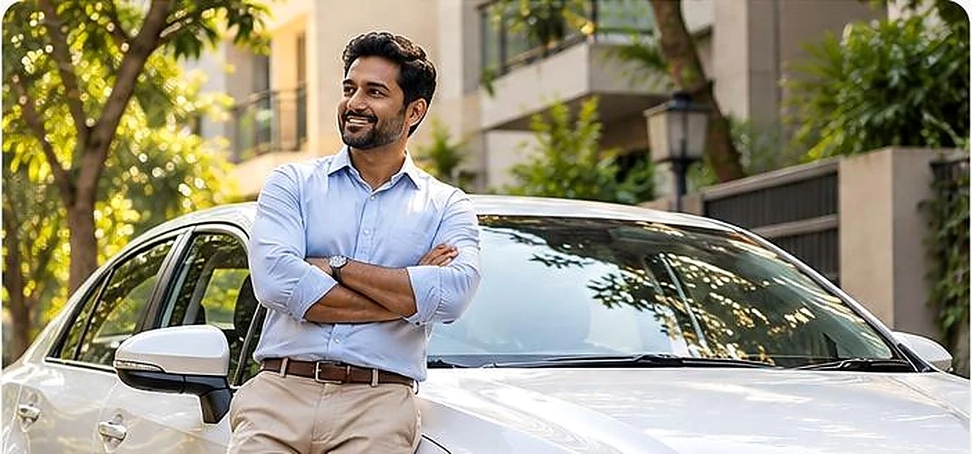 Vehicle owner standing with a white sedan