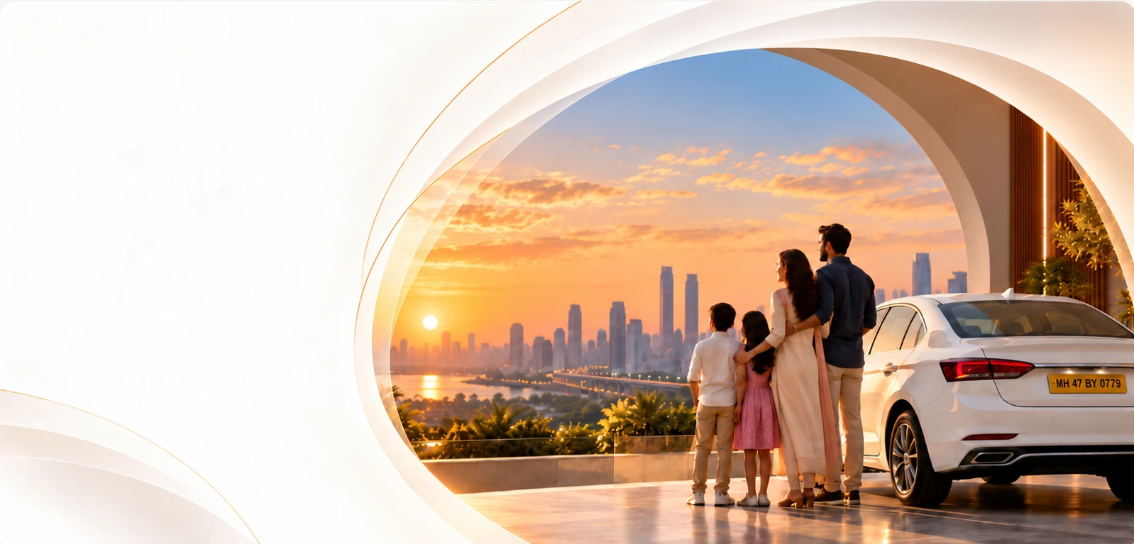 A family of four looks out over a city skyline at sunset, beside a white sedan