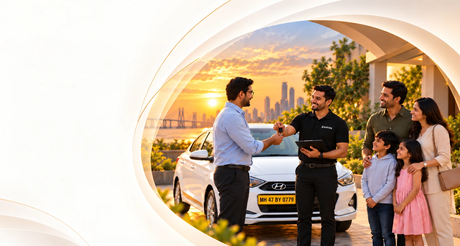 A vehicle owner hands car keys to a ZARYA team member beside a white sedan while a family looks on, at sunset