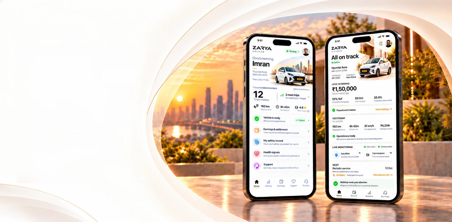 Two phones showing the ZARYA driver app and owner app, illustrative screens
