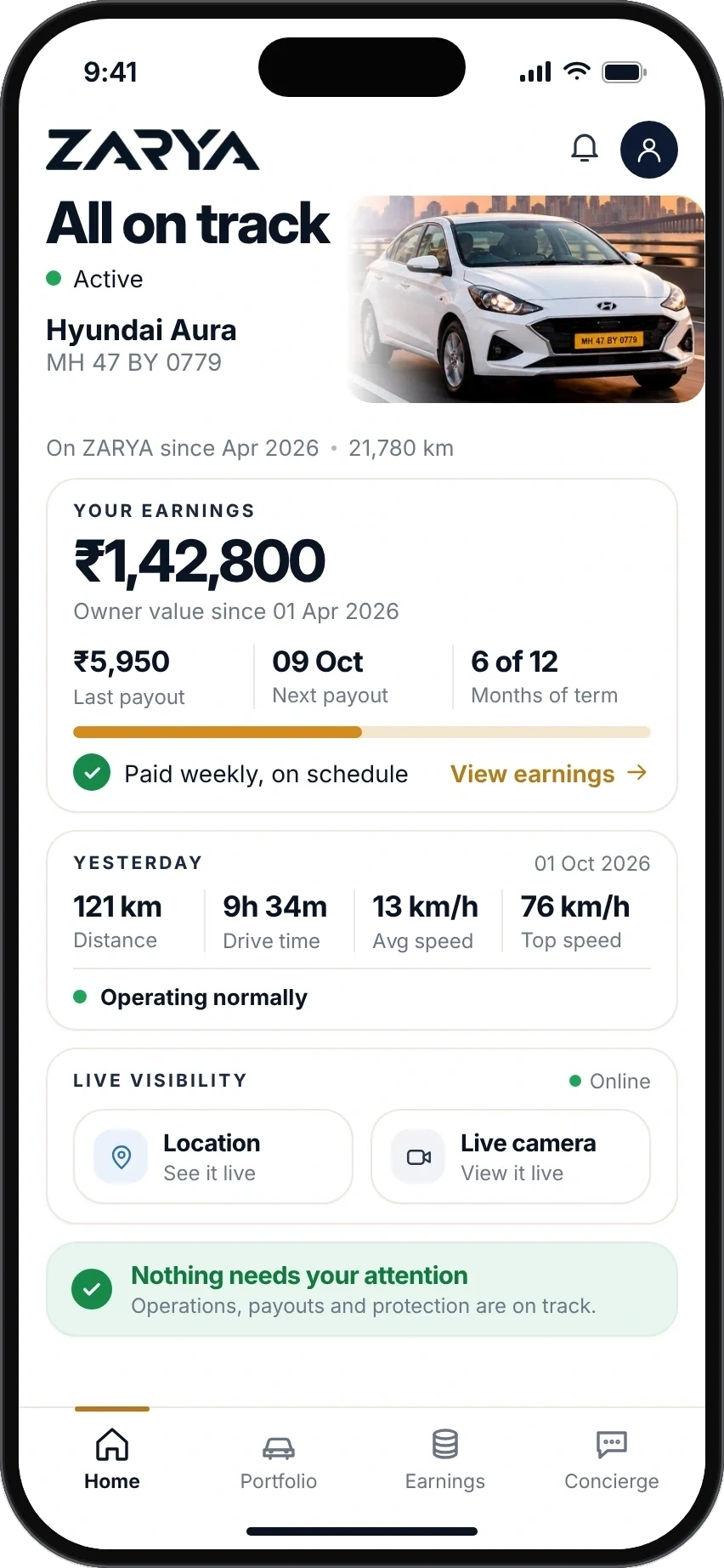 ZARYA Home app with Hyundai Aura, earnings, and authentic four-tab navigation