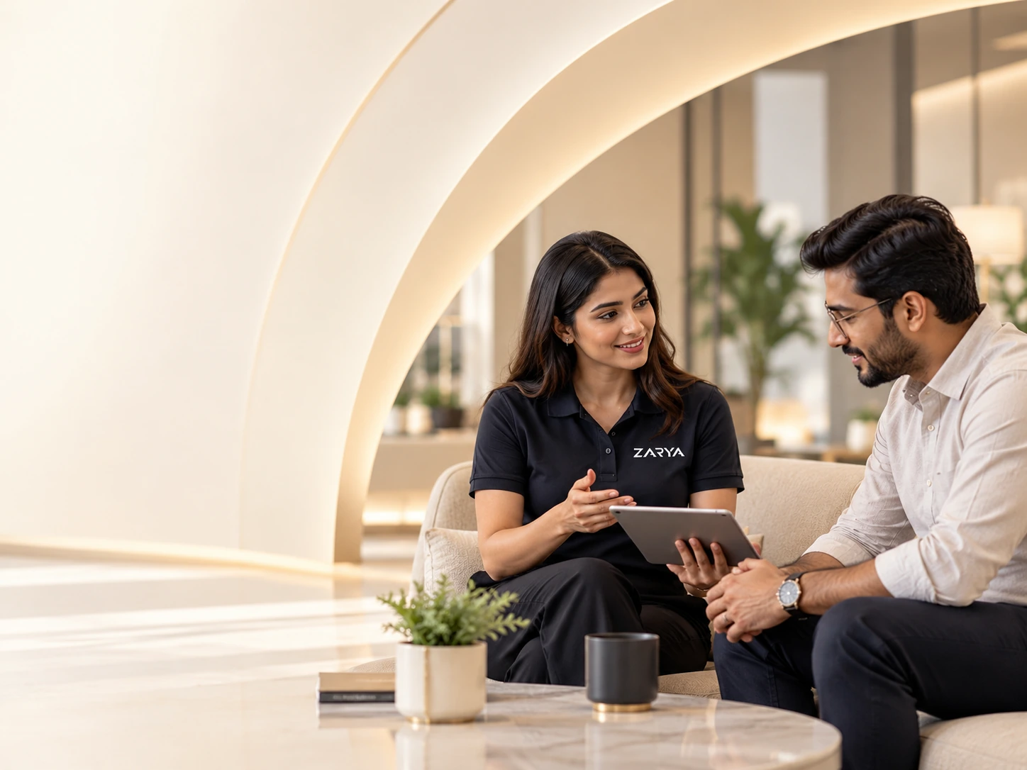 Female ZARYA representative speaking with a prospective vehicle owner in a premium office setting