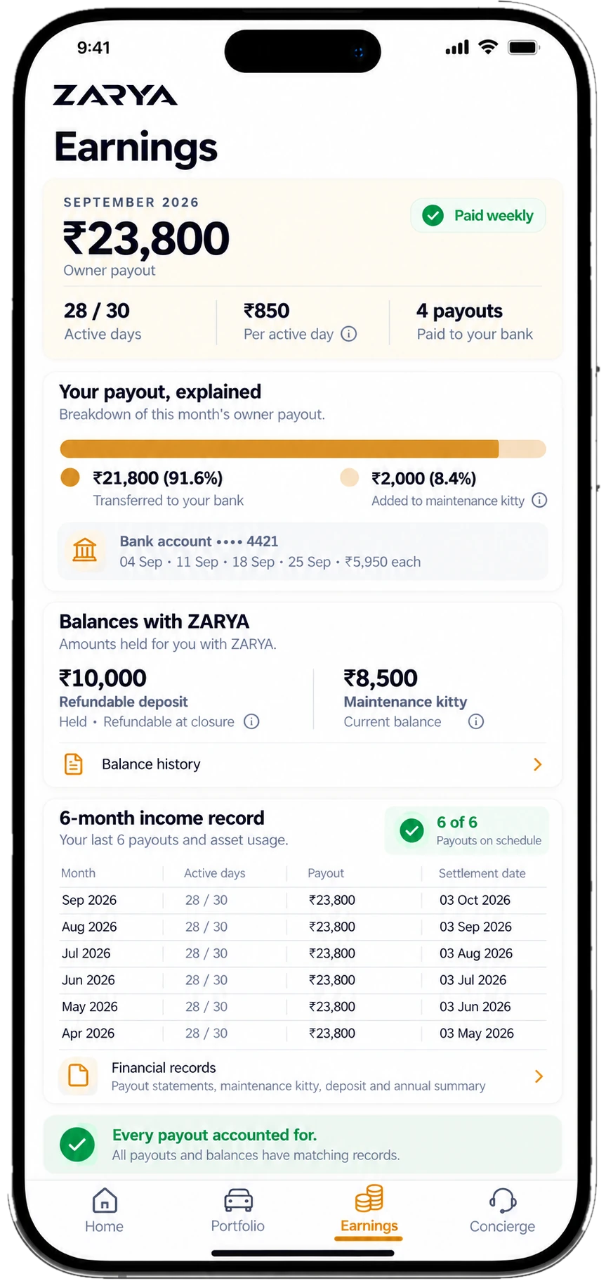 ZARYA Owner App — Earnings