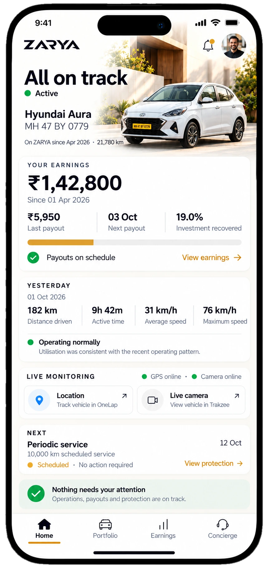 ZARYA Owner App — Home