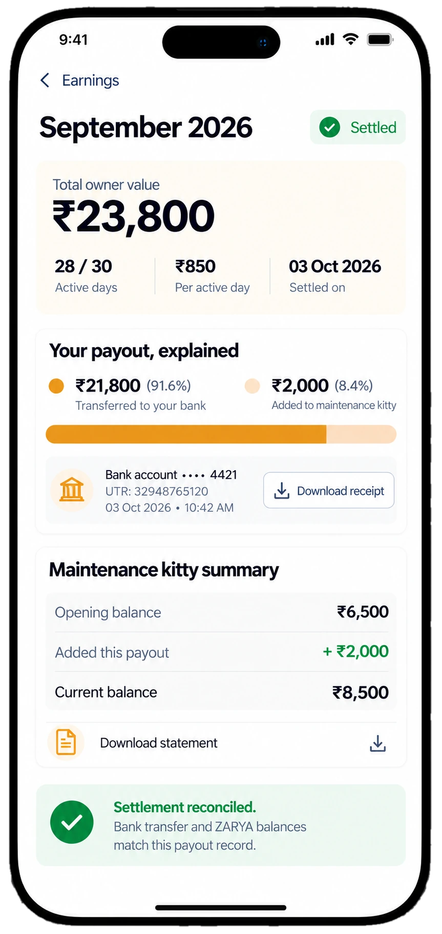 ZARYA Owner App — Payout Detail