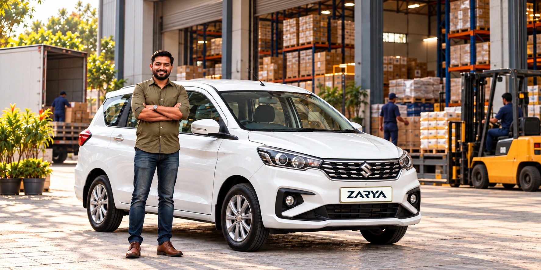 Illustrative portrait of Faisal Merchant beside a pearl-white Maruti Suzuki Ertiga