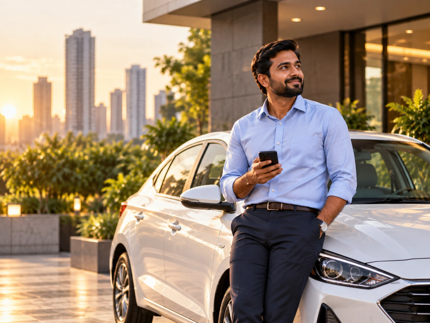 Vehicle owner beside a white sedan at golden hour