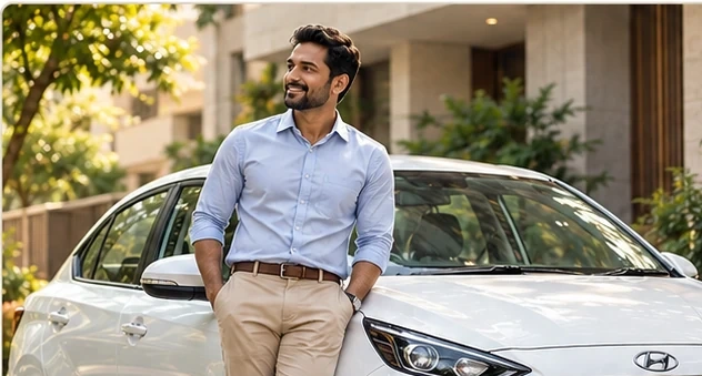 Image of a prospective owner beside a white Hyundai Aura in a landscaped Indian property