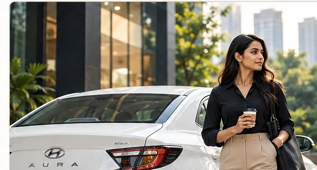 Image of a prospective owner beside a white Hyundai Aura in an urban Indian setting