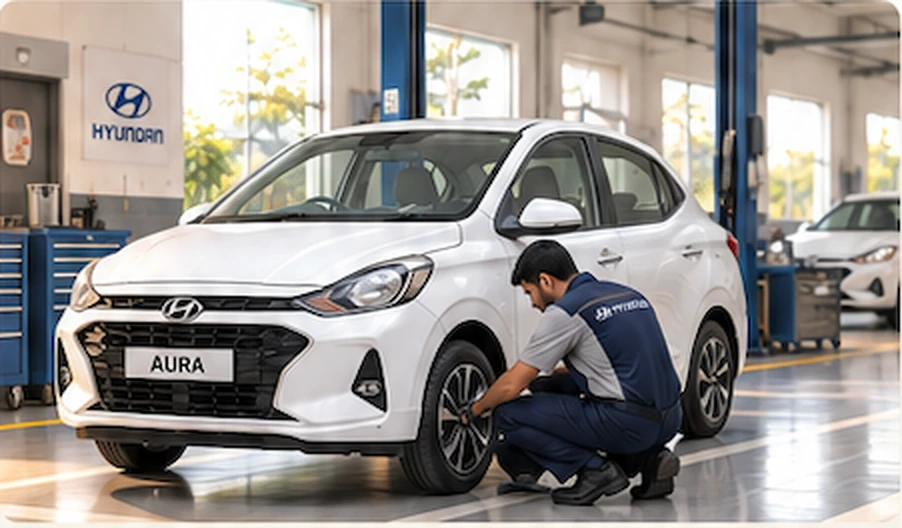 White Hyundai Aura being serviced by a technician in a professional workshop